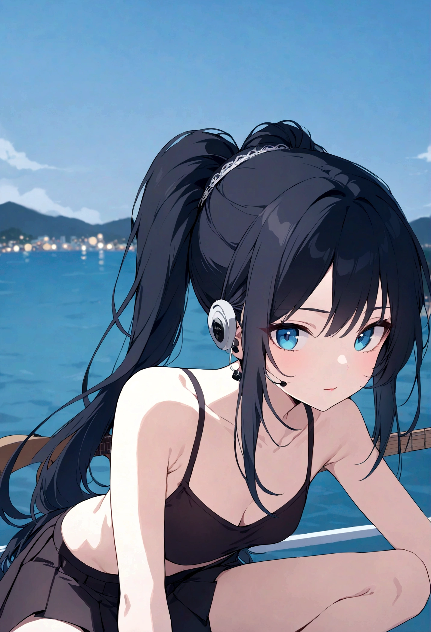 ((masterpiece, best quality))1 Girl, Solitary, Black skirt, blue eyes, electric Guitar, Guitar, earphone, Double ponytail, Keep, Keep plectrum, Musical Instruments, long hair, music, one side up, Cyan hair, Double tail, 弹Guitar, Pleated Skirt, Black shirt, Internal
