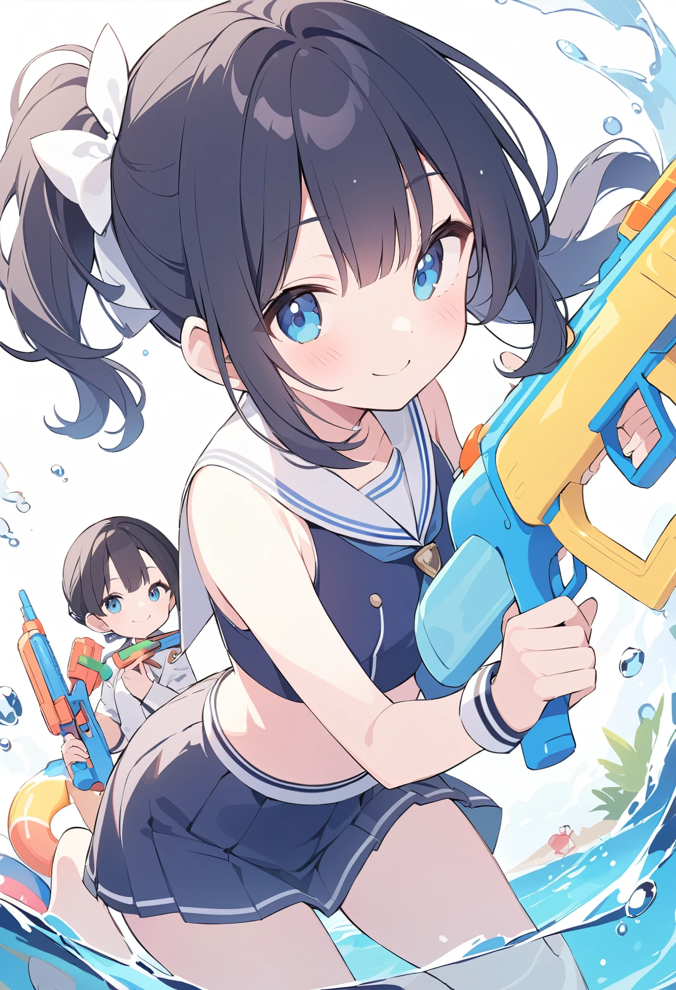 Black Hair、Quiet、Marine Uniform、Water gun、Swim ring、Blue Eyes、cute、girl、smile、Asahi、There's a lot of water flying around、Marine Uniform、Water gun、Swim ring、Blue Eyes、cute、girl、smile、Asahi、There's a lot of water flying around、animal、Cute flower fairy、beautiful青い目のサキュバス、Corolla、White fairy wings、Glare、Also々funny Face、beautiful、lake、Lots of white light、Fantasy Princess,Facial close-up enhancement,AmbiLight,The colors are vivid and bright,Black background,haze,Detailed Description,Rich details,An explosion of imagination,Surreal,Ultra-realistic,masterpiece,8k,Light,Tyndall effect