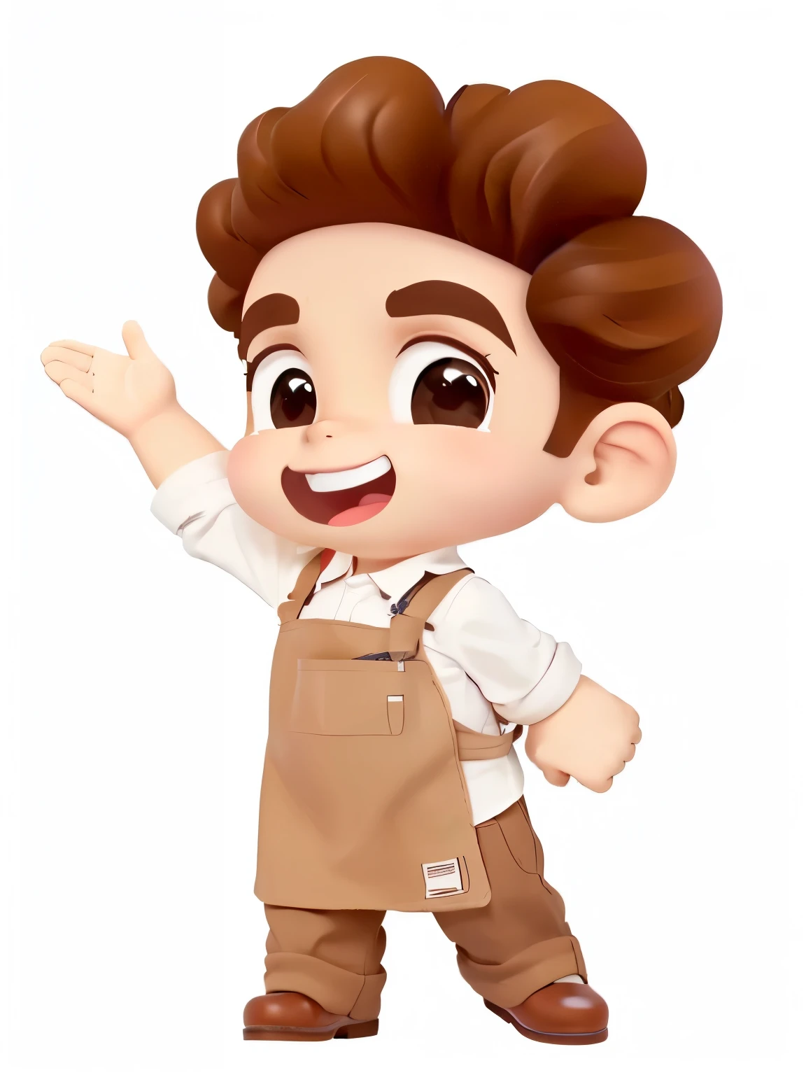 A cartoon boy wearing a brown apron and brown shoes waving,little boy,waiter,coffee maker,Hands on hips,The other hand spreads,Delicate skin,HD,leather shoes,leather shoes加阴影,Super Detail,手指Super Detail,Clothing details,Detail eyes,Details mouth,lol,Super cute clothes,canvas shoes,
