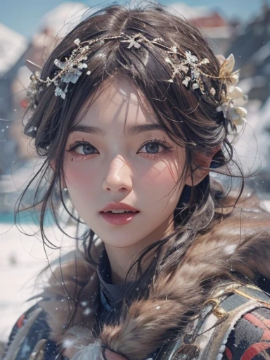 Hiding in the snowy mountains、Hair flow、 ((highest quality、masterpiece、8k、Best image quality、Ultra-high resolution、Award-winning works)、(Accurate anatomy:1.1)、(Look at me and smile:1.1)、Shining fair skin with Ultra-high resolution、The most detailed face、Ultra-high resolution detailed face、Ultra-high resolutionの髪の毛、(Ultra-high resolutionの煌めく瞳:1.1)、Beautiful face drawn in every detail、(Blurred Background:1.1)、Ancient Inuit clothing, Chest to chest, tattoo, Old ruins in the background、he'its big, You have a real hawk on your shoulder..