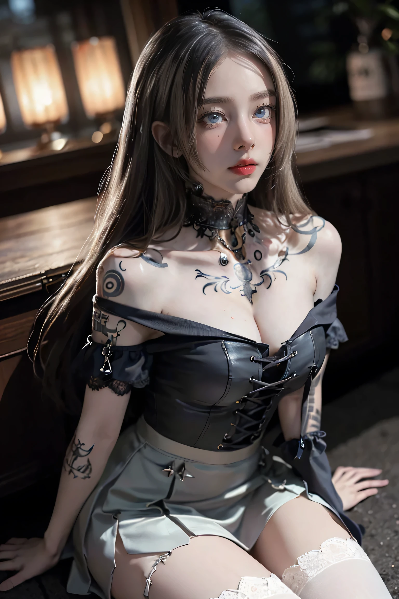 (((NSFW0.7))),(((masterpiece, highest quality, Very detailed))), 1 female, (((very thin body))) , (((length, Thin legs))),(((Very detailedな顔))), (((Extremely sharply focused eyes))), Precise pale grey eyes with large slits, Shining like a jewel, length eyelashes, ((Highly decorative and intricate mechanical steampunk fashion, Lace Flare Mini Skirt, Above-the-knee lace stockings, Lace Off Shoulder ta Fashion, Overly decorative fashion)), Abandoned Night, Complex mechanized steampunk factory catches fire and explodes, (((Overall accuracy has been dramatically improved, creating a Very detailed and realistic image))), Ultra-realistic photos,((Large Breasts)),(((He has many tattoos all over his body)),