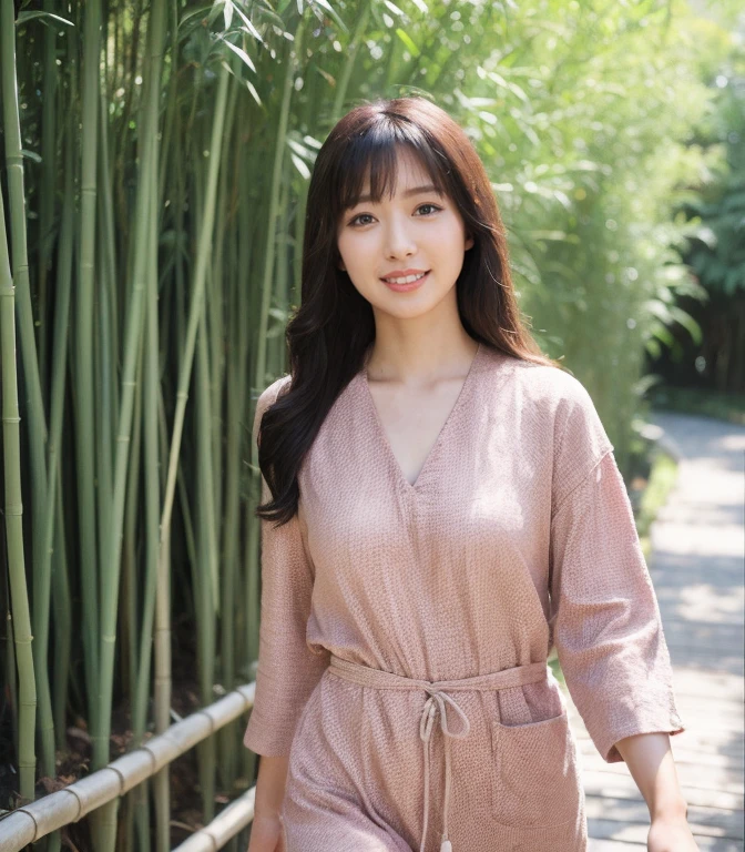 ((highest quality、8k、masterpiece:1.3))、Photorealistic, Sharp focus, high resolution, High resolution, Portraiture, alone, Japanese, Beautiful woman, 26 years old、Big Breasts、Crimson casual dress、Photograph the whole body、(Walking through a bamboo forest)、smile