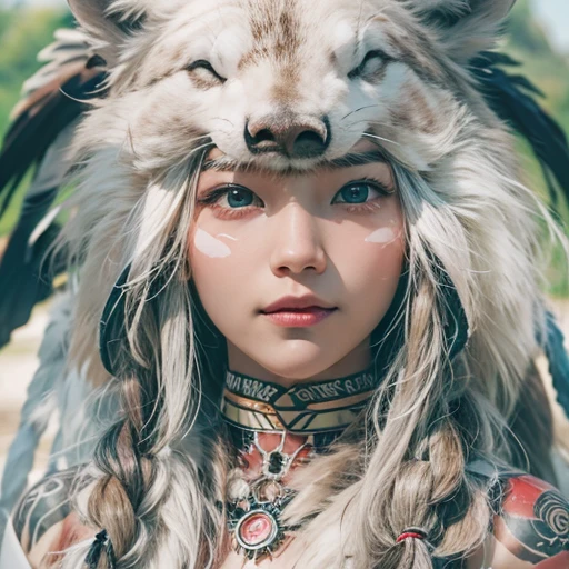 Shirakami-Sanchi、Hair flow、 ((highest quality、masterpiece、8k、Best image quality、Ultra-high resolution、Award-winning works)、(Accurate anatomy:1.1)、(Look at me and smile:1.hining fair skin with Ultra-high resolution、The most detailed face、Ultra-high resolution detailed face、Ultra-high resolutionの髪の毛、(Ultra-high resolutionの煌めく瞳:1.1)、Beautiful face drawn in every detail、(Blurred Background:1.1)、Native American white costume, American Indian Clothing, Chest to chest, tattoo、A real giant condor next to you。Observe the white wolf