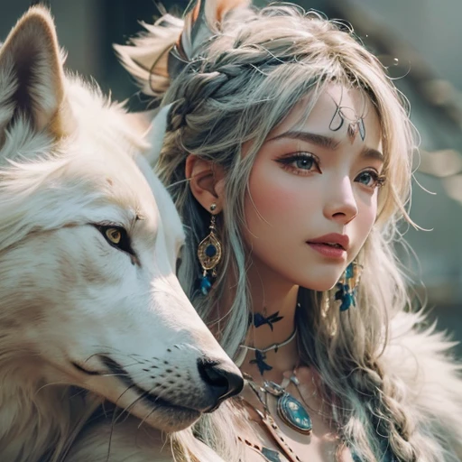 Shirakami-Sanchi、Hair flow、 ((highest quality、masterpiece、8k、Best image quality、Ultra-high resolution、Award-winning works)、(Accurate anatomy:1.1)、(Look at me and smile:1.1)、Shining fair skin with Ultra-high resolution、The most detailed face、Ultra-high resolution detailed face、Ultra-high resolutionの髪の毛、(Ultra-high resolutionの煌めく瞳:1.1)、Beautiful face drawn in every detail、(Blurred Background:1.1)、Native American white costume, American Indian Clothing, Chest to chest, tattoo、A real giant condor next to you。Observe the white wolf