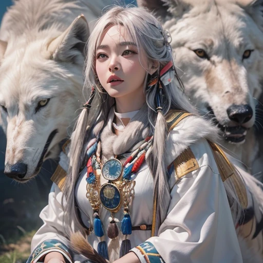 Shirakami-Sanchi、Hair flow、 ((highest quality、masterpiece、8k、Best image quality、Ultra-high resolution、Award-winning works)、(Accurate anatomy:1.1)、(Look at me and smile:1.1)、Shining fair skin with Ultra-high resolution、The most detailed face、Ultra-high resolution detailed face、Ultra-high resolutionの髪の毛、(Ultra-high resolutionの煌めく瞳:1.1)、Beautiful face drawn in every detail、(Blurred Background:1.1)、Native American white costume, American Indian Clothing, Chest to chest, tattoo、A real giant condor next to you。Observe the white wolf