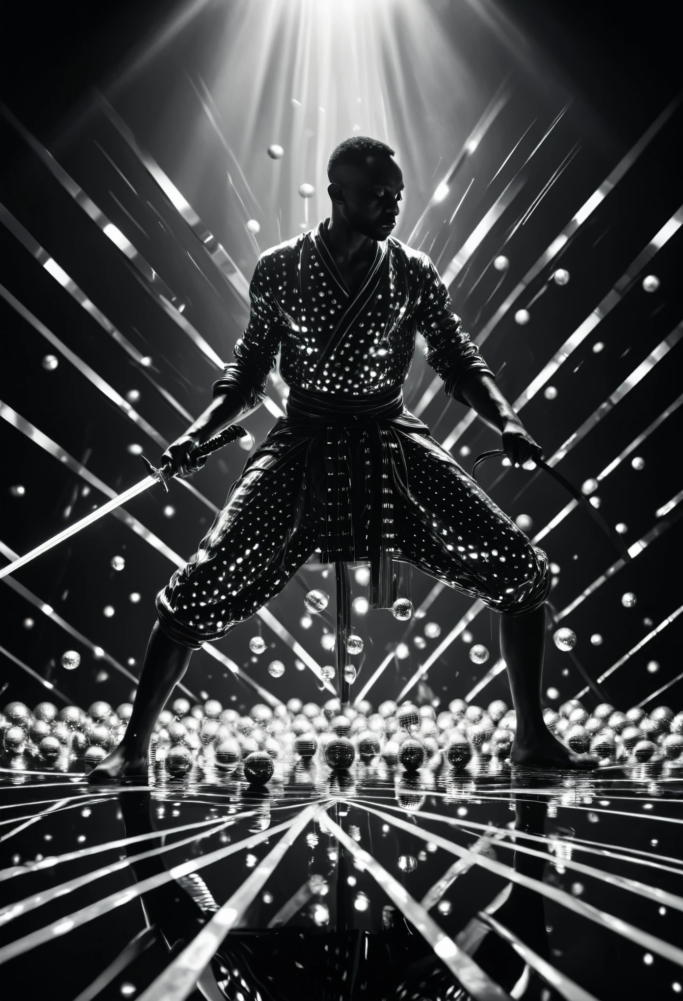Black man swordsman standing on a reflecting surface, cutting silver spherical balls floating around him, light bouncing on the silver balls creating multiple diagonal spotlights, black and white imagery greatly inspired by Germany expressionism art, 32k, ultra HD, beautiful cinematic art work