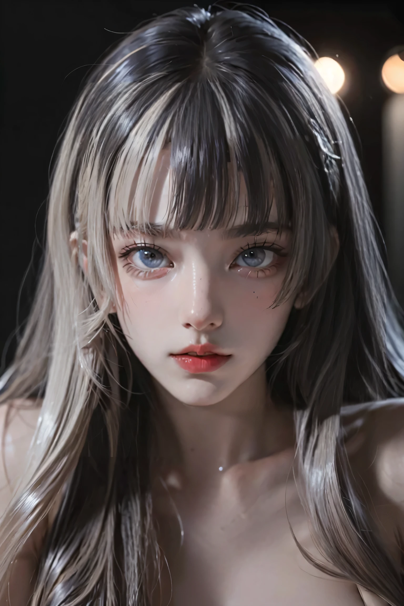 (((NSFW0.7))),Silver-haired, Standing in water, Parted bangs, Modern, Surreal, Cinema Lighting, Chiaroscuro, masterpiece, Textured skin, High resolution, high quality, High detail, Beautiful Face, big, pronounced cleavage, Translucent clothing, Starry Sky, Grey Eyes, Big Breasts, Expose your shoulders, Large 胸, Sexy pose、