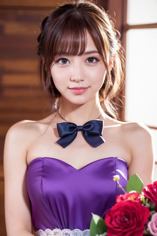 Medium display, Medium Shot, Written boundary depth, bust, Upper Body, Movie angle, masterpiece, highest quality, Very detailed, CG, 8k wallpaper, Beautiful Face, Delicate eyes, Otome, alone, smile, bangs, have,Purple Dress, bow, petal, bouquet