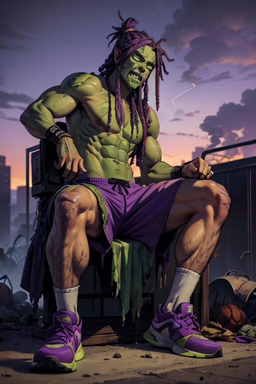 (Male of Caucasian origin).A ((muscular:1.2)) green ((zombie)), (missing left eye), long brown dreadlocks, rotting flesh, purple headband, purple basketball shorts, athletic shoes, ((smoking a large blunt)) with massive clouds of purple smoke. smoke coming out of the left eye socket. Stoner.