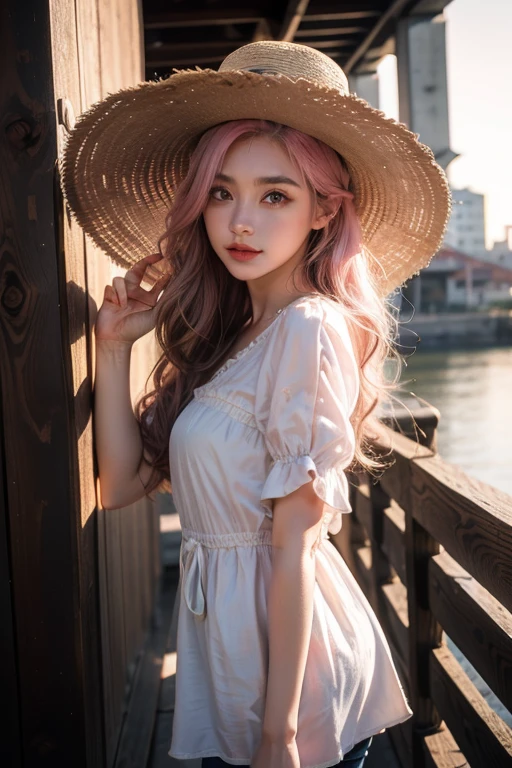 Light pink hair, Pink Eyes, At the port, Vibrant colors, steampunk, blouse white、Paint Splash, Sunset behind, Ray Tracing, Wavy long hair、Straw hat