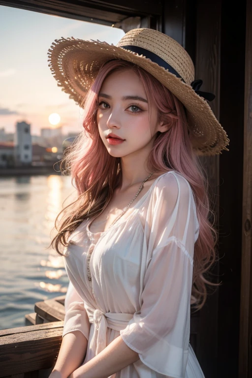 Light pink hair, Pink Eyes, At the port, Vibrant colors, steampunk, blouse white、Paint Splash, Sunset behind, Ray Tracing, Wavy long hair、Straw hat