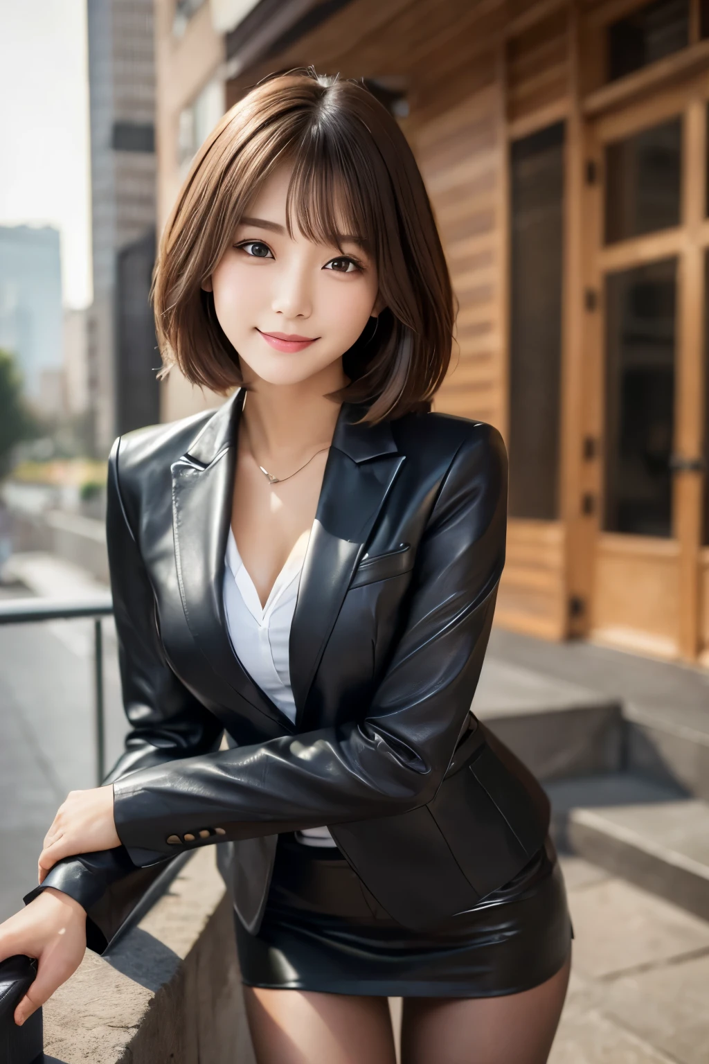 Leather business suit、Wearing a blazer(black),Tight Skirt(black)、Realistic leather texture,(Detailed clothing features), Slim fit、Small Bust、 RAW Photos, (8k、highest quality、masterpiece:1.2)、(Photorealistic:1.4)、 Vivid details, Realistic skin texture,short hair
