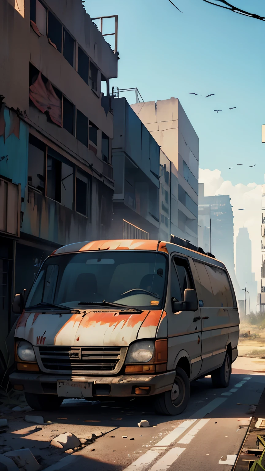 In a ruined,In the desolate end-time environment,There was a damaged van with Huolala written on it parked beside the road.,he apocalypse, human remains, tall buildings, covered with plants and animals, distant shots, long shots, cinematic texture, natural light, best quality,OC rendering