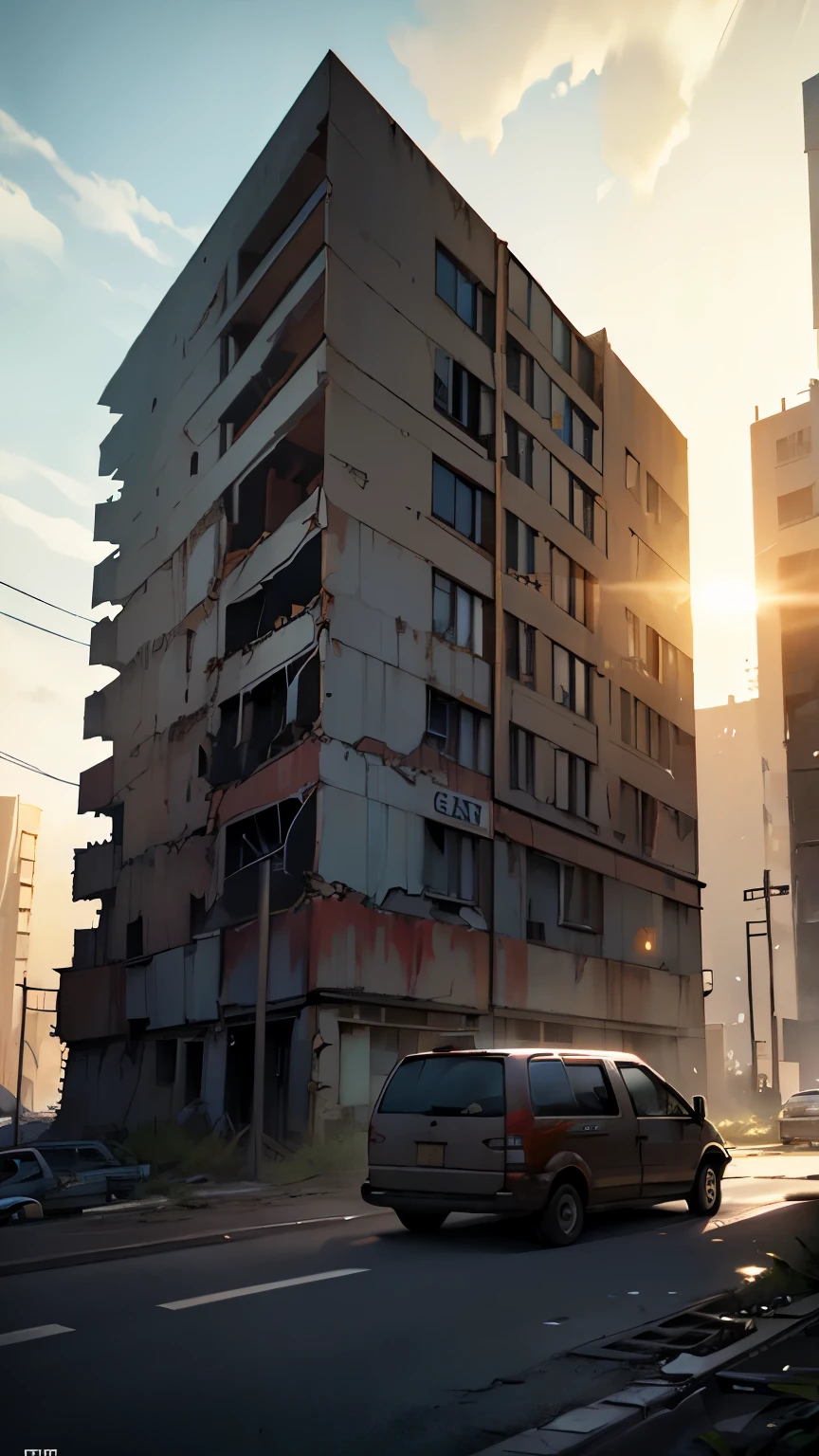 In a ruined,In the desolate end-time environment,There was a damaged van with Huolala written on it parked beside the road.,he apocalypse, human remains, tall buildings, covered with plants and animals, distant shots, long shots, cinematic texture, natural light, best quality,OC rendering