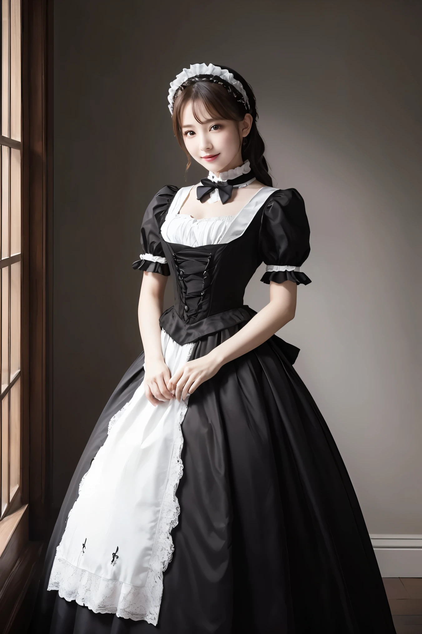 (masterpiece、highest quality、Ultra-high resolution、Award-winning works、8k)、one beautiful Maid、gorgeous victorian Maid dress、Luxurious long skirt black and white Maid outfit、huge black and white Maid dress、Maid&#39;head band、black and white Maid uniform、Look at me and smile、Standing Elegantly、Elegant standing posture、Standing Maid、Perfect Makeup、Long eyelashes、Brown Hair、Very short curly hair、Small Valley、Shapely large breasts、thin、Ultra HD Skins、Foot Pictures、Luxurious kitchen in a classic Mansion、Elegant kitchen in classic Gothic style、Gothic interior、antique interior、Mansion、Accurate anatomy、Natural and perfect furniture arrangement