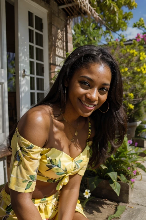 Beautiful Jamaican girl dressed in spring clothes and smiling sexy