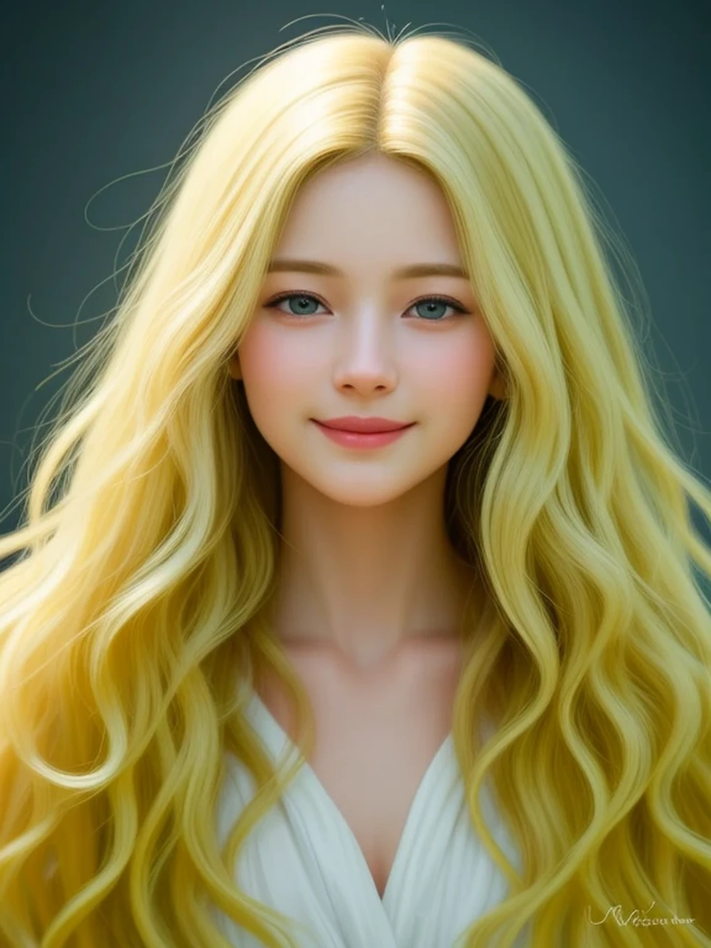 (looking down:1.4), Realistic digital painting of a woman portrait, Shy, Cute Smile, (Wavy medium Hair:1.1), (Soft silky Blonde Hair:1.3), (Highly detailed skin:1.2), Mystical style, Global Illumination,