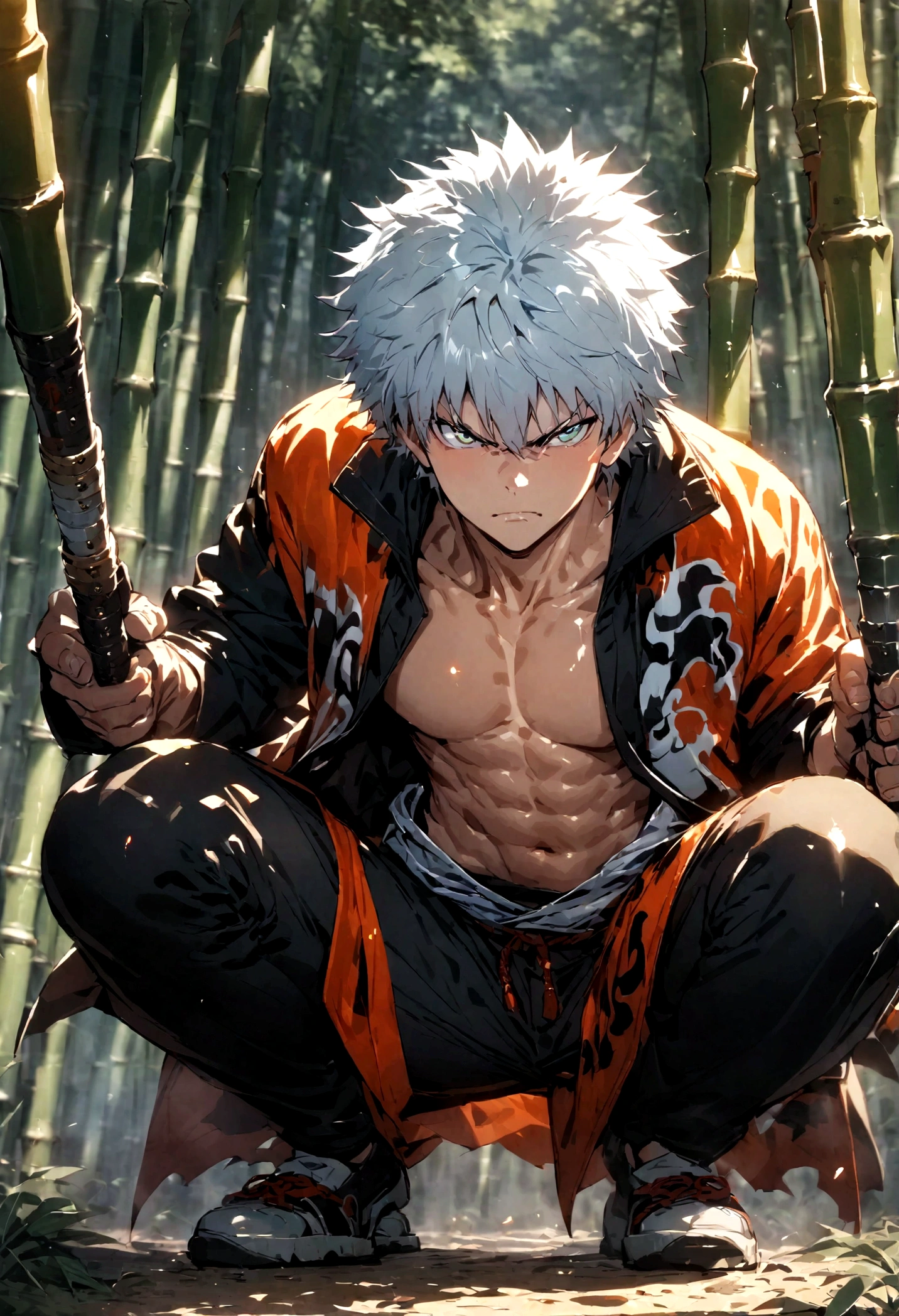 masterpiece, best quality, detailed, 1 boy, Male focus, bamboo, forest, Possession of weapons, Serious, Sakata Gintoki, outdoor, Gintoki clothing, Open clothes, Squat, Borken, (Black pants:0.6)