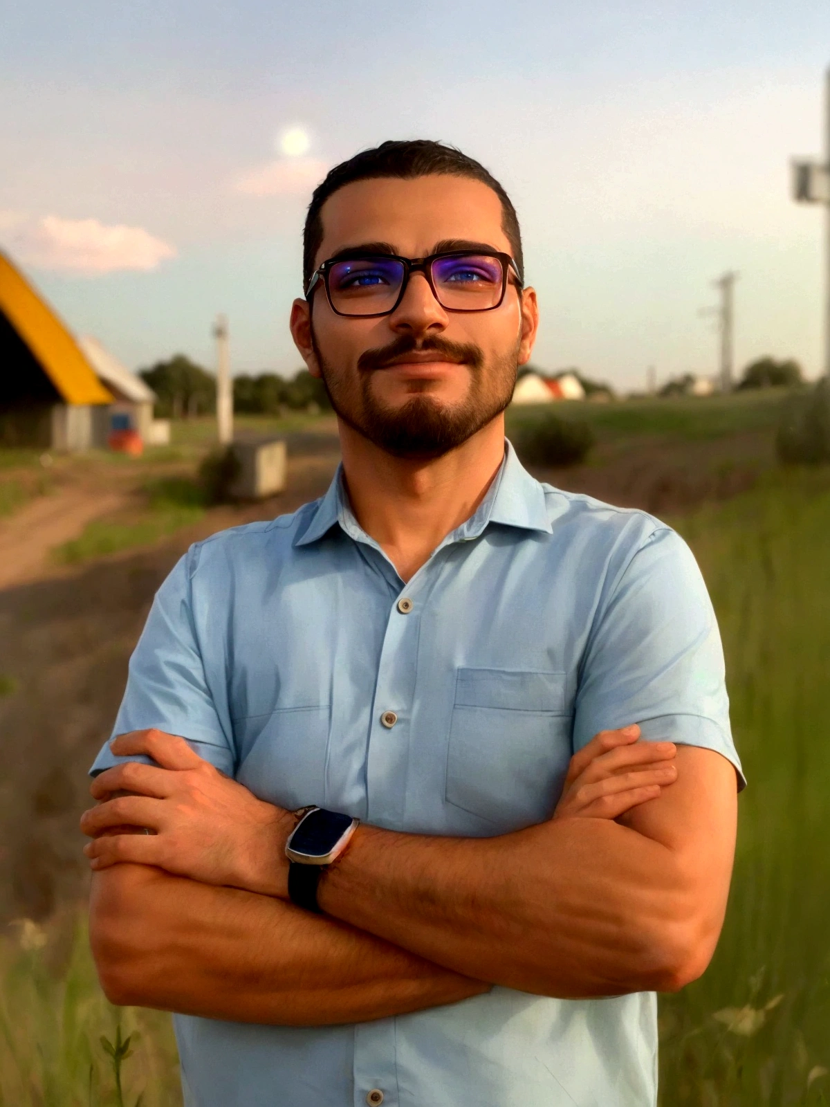 sharp man with glasses and blue shirt standing in a field, icaro carvalho, André Rios, david rios ferreira, imagem de avatar, vitor maristane, retrato no meio da foto, caio santos, henrique alvim corrêa, powder Nándor Katona, carmelo blandino, retrato de perfil, Christian Orrillo