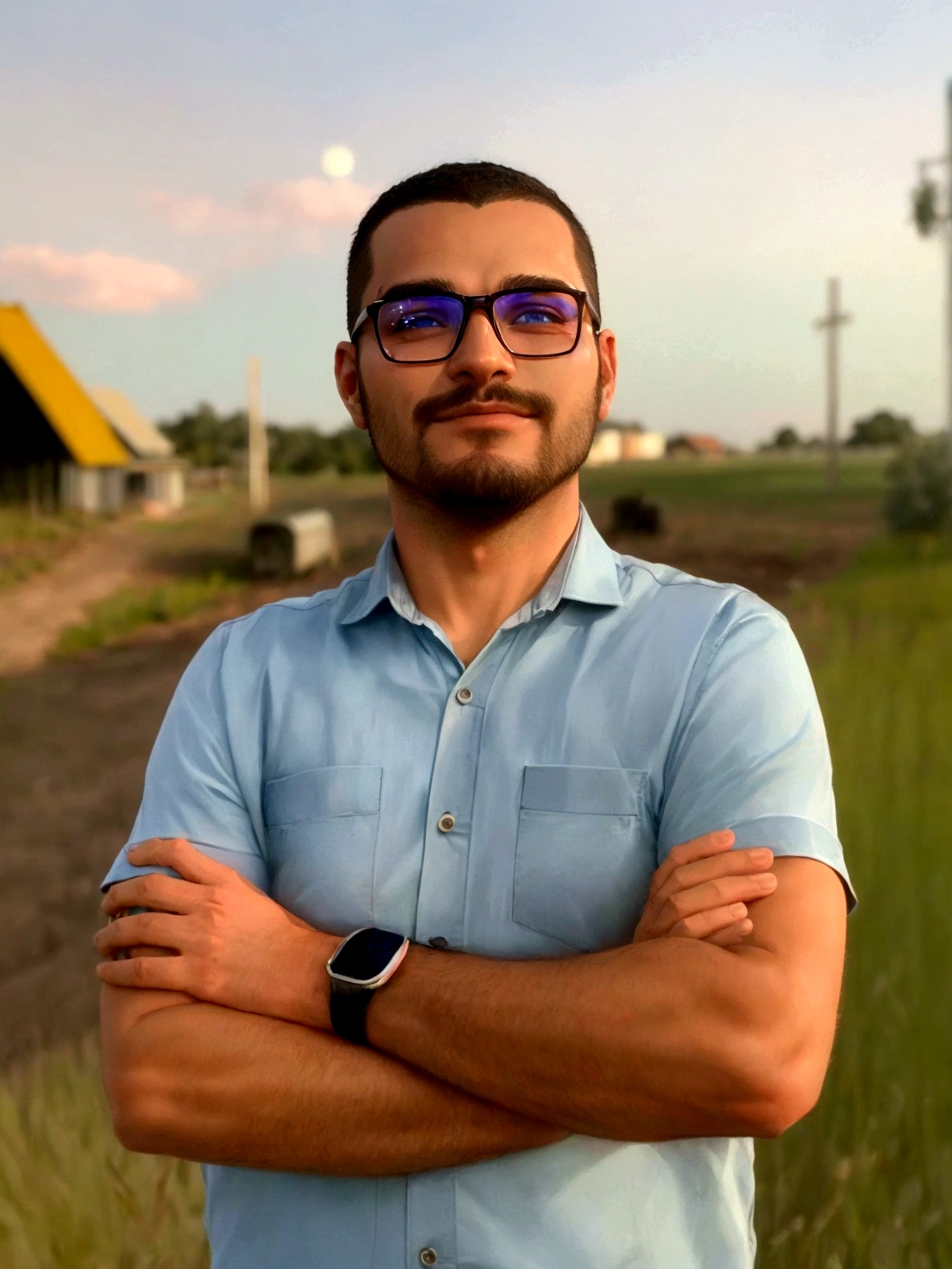 sharp man with glasses and blue shirt standing in a field, icaro carvalho, André Rios, david rios ferreira, imagem de avatar, vitor maristane, retrato no meio da foto, caio santos, henrique alvim corrêa, powder Nándor Katona, carmelo blandino, retrato de perfil, Christian Orrillo