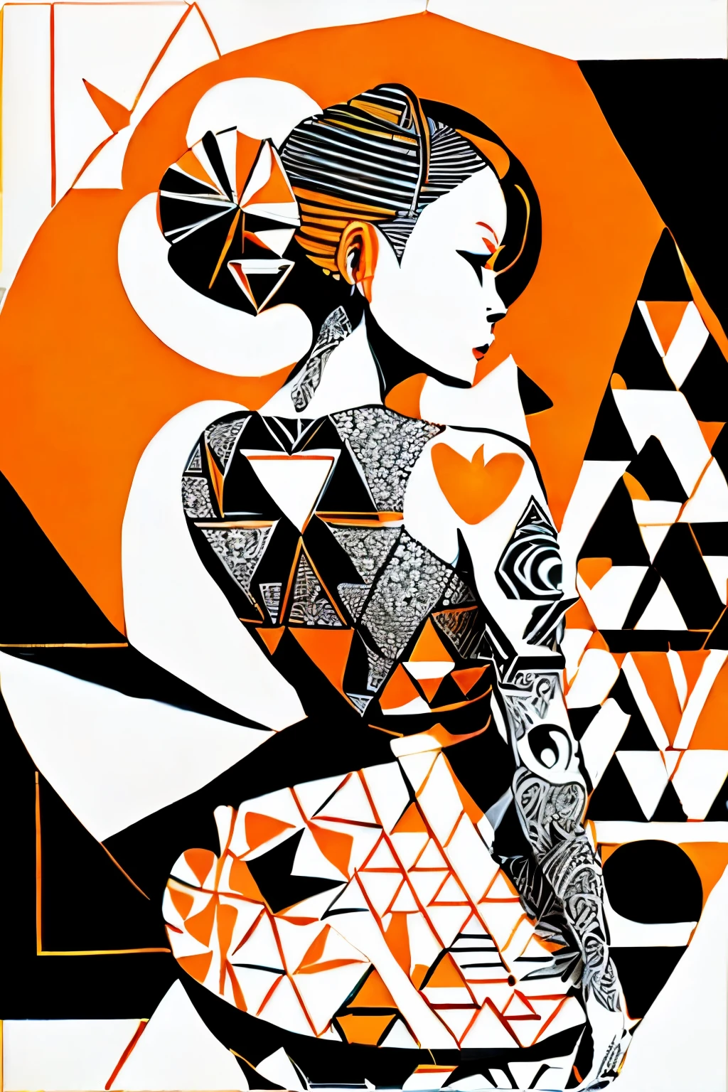 monochrome, ink painting, sumi-e, best quality, super fine, 16k, delicate and dynamic, beautiful female back, orange updo, (seamless blend across the back, geometric patterns, spheres, triangles, hidden small heart symbols, monochrome, pastel colors, vibrant colors, neat layout, pop art, artwork tattoos:1.4), tattoo effect, tilted frame