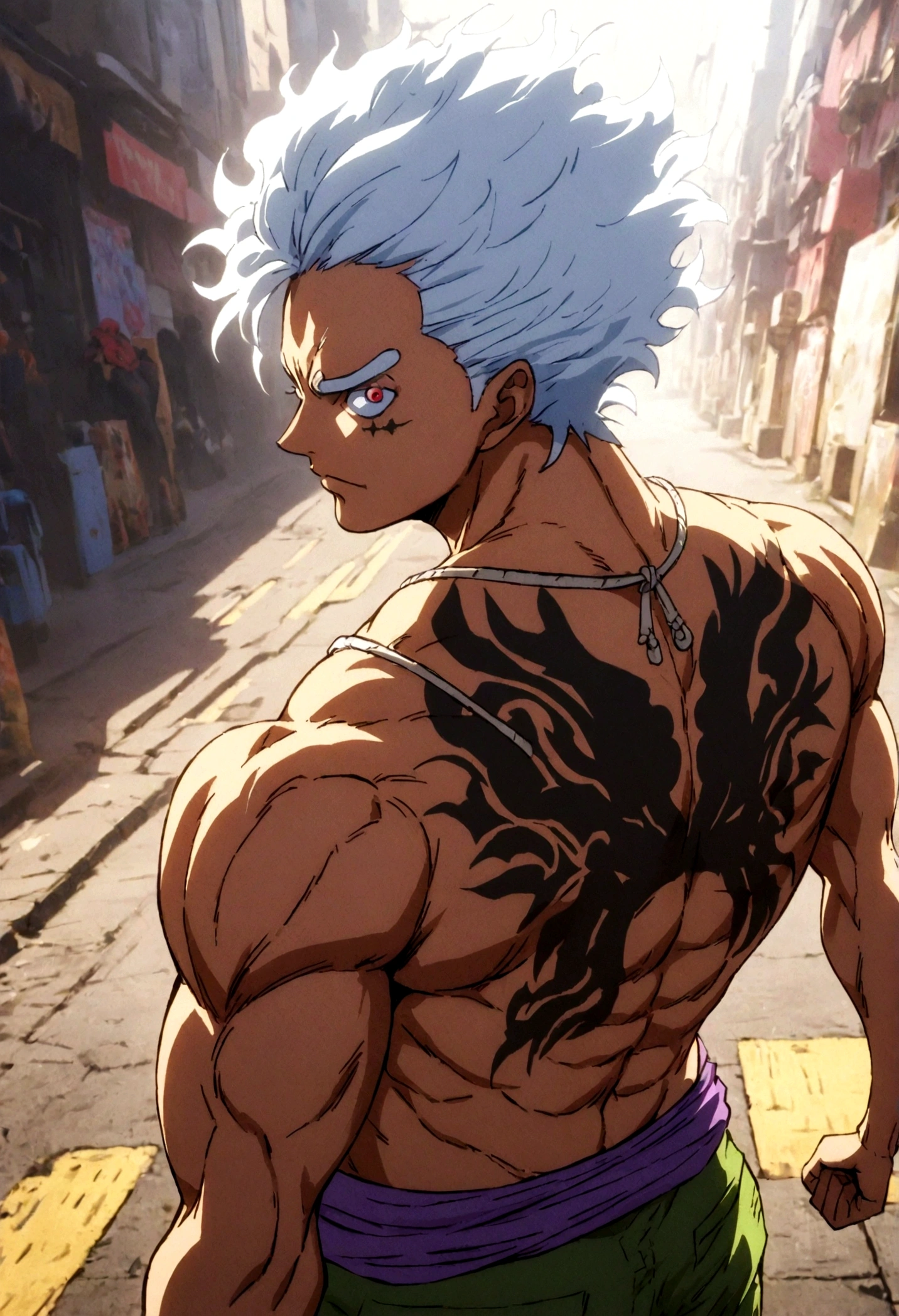 strong muscular boy with Guan Yu tattoo on his toned bare back, street style, high-resolution details, urban vibe, vibrant colors, dramatic lighting