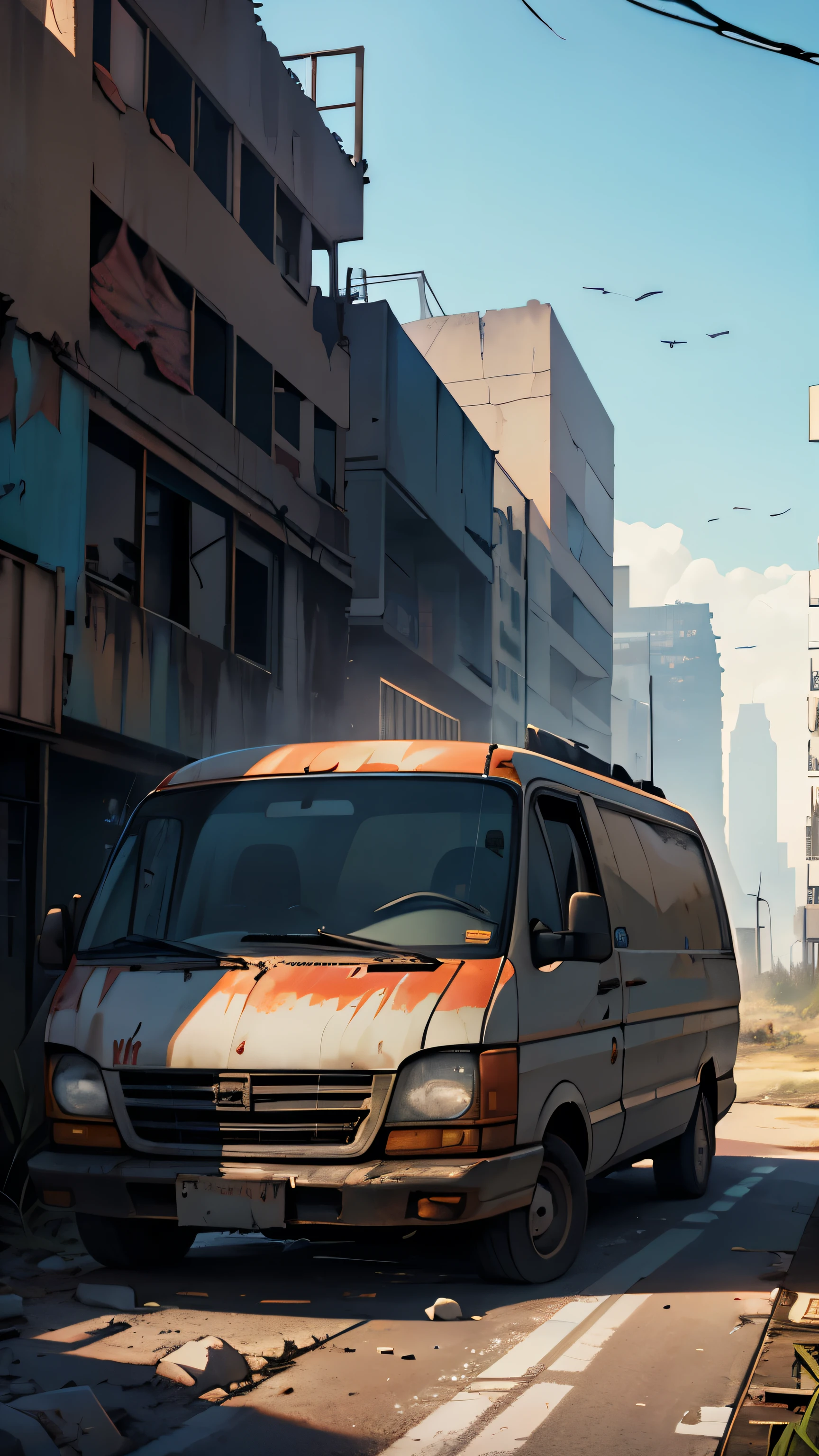 In a ruined,In the desolate end-time environment,There was a damaged van with Huolala written on it parked beside the road.,he apocalypse, human remains, tall buildings, covered with plants and animals, distant shots, long shots, cinematic texture, natural light, best quality,OC rendering