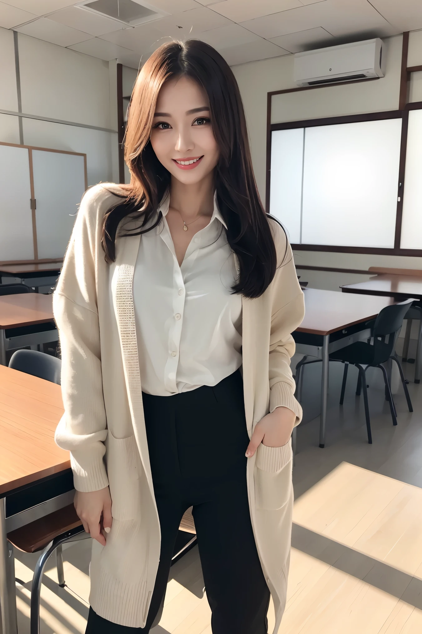 (Tabletop、highest quality、8k、Award-winning works、Ultra-high resolution)、One woman、30 years old、(The perfect long cardigan:1.2)、(Elegant skinny pants:1.2)、standing elegantly、perfect beautiful teeth、(Slender body:1.1)、(Strongly blurred school classroom background:1.1)、(Blurred background of neatly arranged desks and chairs:1.1)、(Blurred background of perfectly organized desks and chairs:1.1)、Natural bright lighting、Perfect Makeup, The most beautiful face in Japan、Mature face、Smiling Kindly、smile,、Very long hair、Accentuate your body lines、Ultra-fine、Beautiful Hair、Fair skin、Translucent white skin、(Perfect Anatomy:1.1)、High-resolution RAW color photos、Professional photography、Very delicate、Very detailed、Professional Photography