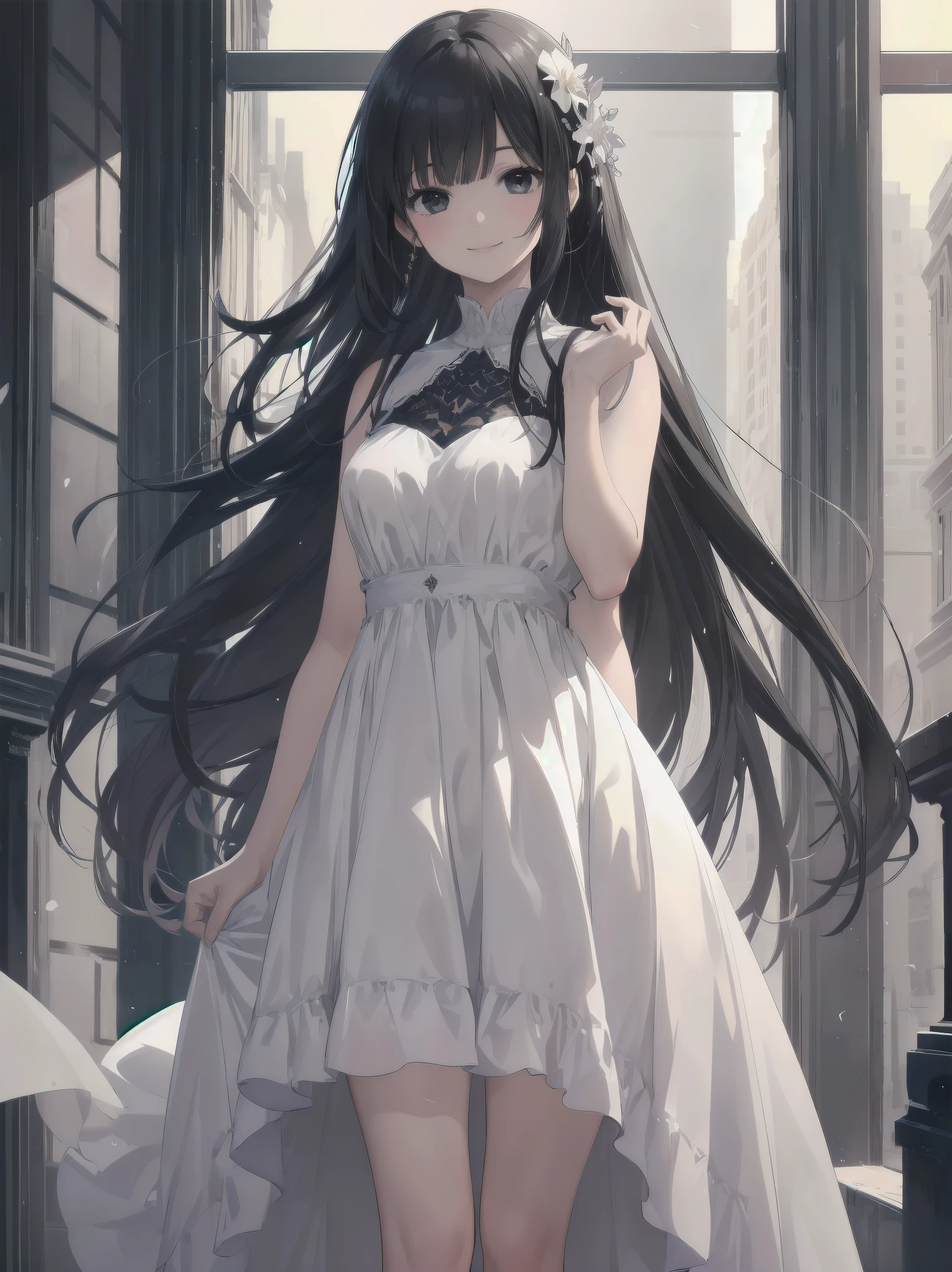 1girl, solo, long hair, looking at viewer, smile, bangs, black hair, dress, standing, white dress, black eyes, realistic, voice actor