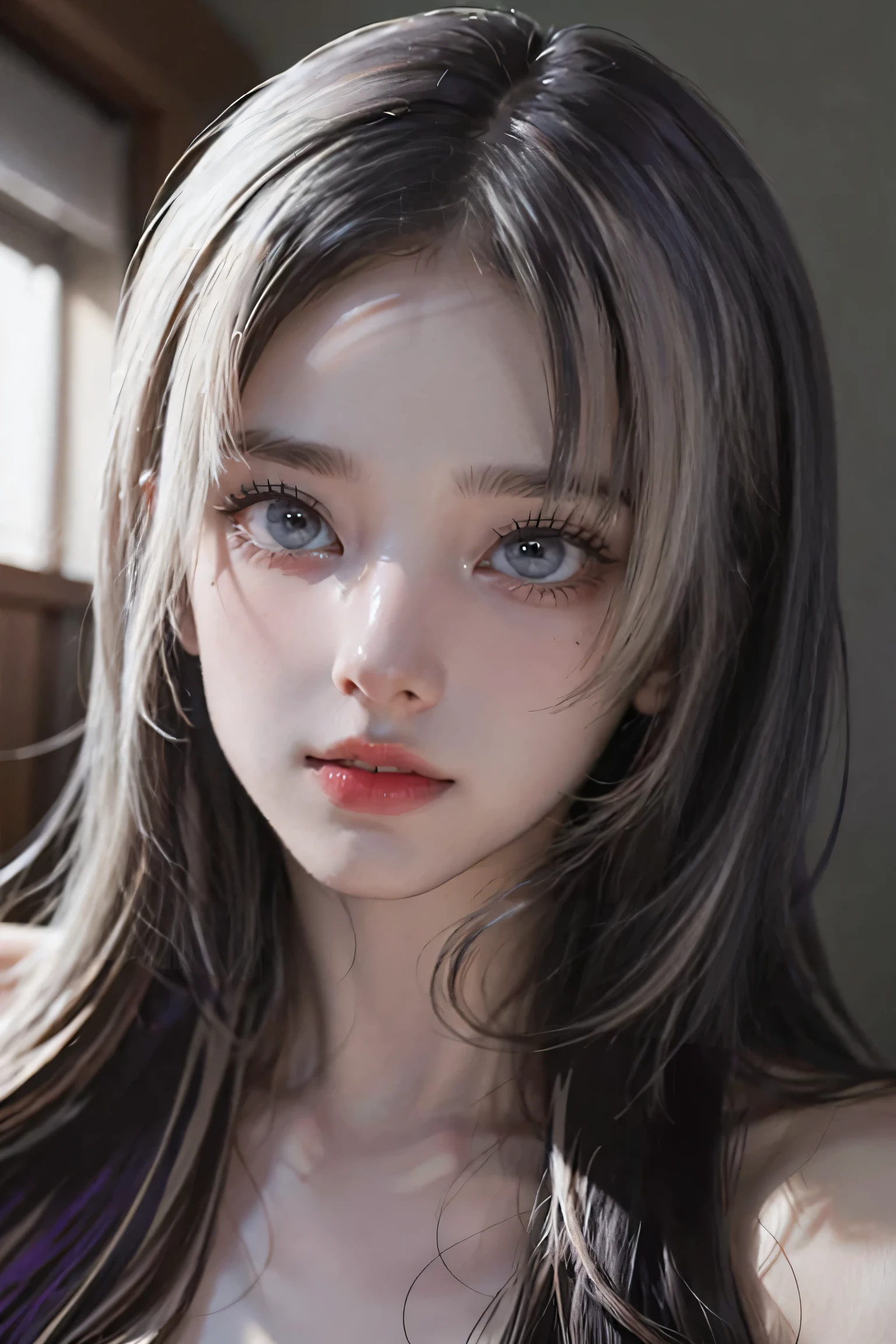 (((NSFW 0.9)))masterpiece, 最high quality, 1 girl, beautiful girl, (18-year-old:1.2), Very good vision, (Browsing Caution:1.5), (Steam on the body:1.3), (Big Breasts: 1.2), Purple Hair,Studio Lighting, Mid-chest, ((Erect nipples)), Narrow waist, (((Wet body、 Wet Hair,Sweat))), High-quality fabric, Detailed hair texture, Perfect body, Beautiful Face, high quality, Very detailed, Crazy Details, 4K quality (Digital art like a movie: 1.3), high quality,Purple eyes