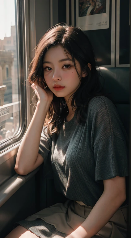 (RAW Photos, highest quality), (Realistic, photo-Realistic:1.3),highest quality,Very detailed,masterpiece,Very detailed,shape,One Girl,full_body,Dynamic Angle,world masterpiece theater,Messy_length_hair,highest quality,Very detailed CG ユニティ 8k 壁紙,ink,wonderful,Cinema Lighting,lens_Flare, Dunhuang_style, in the train