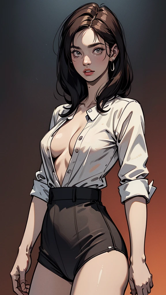 ((melhor qualidade: 1.5)) ((Obra de arte)), detalhes intrincados, foco suave, Profissional, Vida real, realistic representation of the face, dim volumetric illumination, dynamic pose, in the style of realistic and hyper-detailed representations BREAK woman (pele ultra detalhada), pale skin, (cabelo super fino),(cabelo ultra macio),(cabelo ultra liso:1.5),Franja longa varrida,preto,cabelo sobre um olho,olhos azuis, copos, preto, camiseta branca longa, lisa e sedosa, defined hair down to thighs, (camisa branca, parte inferior do corpo nua, torn, camisa rasgada no meio do peito, no underwear, capas de camisa fotorrealistas, hiper-realista, 8K