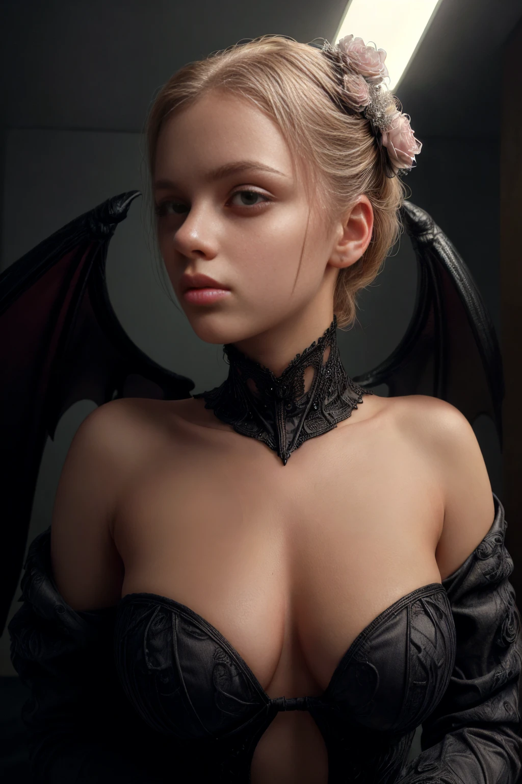 (best quality, 4k, 8K, high resolution, masterpiece: 1.2), ultra detailed: 1.4, the back of a beautiful woman with a black dragon tattoo with roses, perfect body, (photo-realistic, intricate details,: 1.37 ),highly detailed face,extremely detailed facial features,hyper realistic skin texture,detailed skin texture,masterpiece,8k,beautiful detailed eyes,beautiful detailed lips,extremely detailed face,long eyelashes,realistic,extremely fine details,photorealistic,lighting dramatic, moody lighting, cinematic lighting, physically based representation, vivid colors, dramatic lighting, intricate details, cinematic composition, gothic fashion, dramatic pose