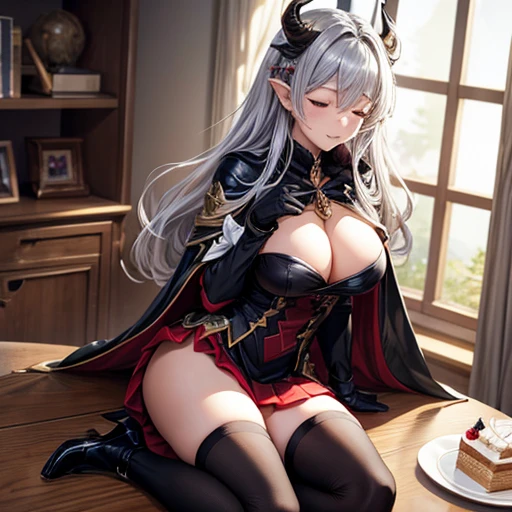 masterpiece, highest quality,, GBF, Black gloves, Black knee socks, Cape, draft, Grey Hair, horn, Big Breasts, Long Hair, Pointed Ears, mini skirt, Red Skirt,, indoor, cake, Happy, close your eyes