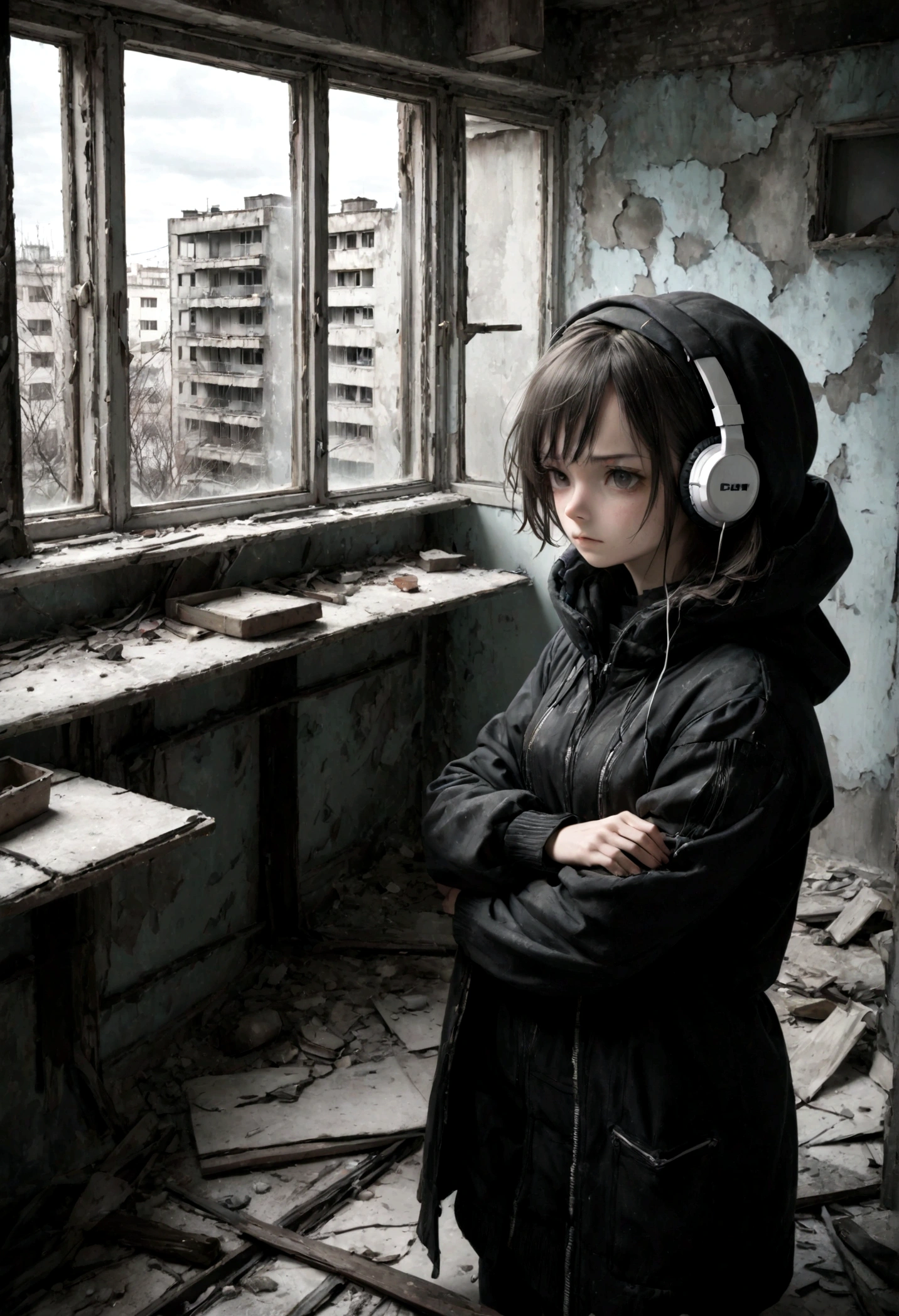 image of a sad beautiful girl dressed in coat and hood standing with arms crossed looking at a window inside a dark, dilapidated apartment room and a window showing dilapidated buildings outside, apocalipse, wasteland, She wears headphones over her ears and is facing the window