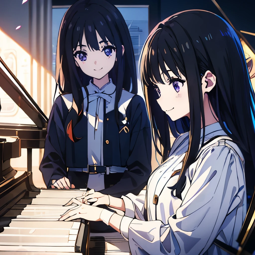 Masterpiece、(((1 person)))、Delicate eyes、Takina Inoue、Long Hair、Black Hair、Purple Eyes、smile、Upper Body、Blue Dress、(((play piano)))