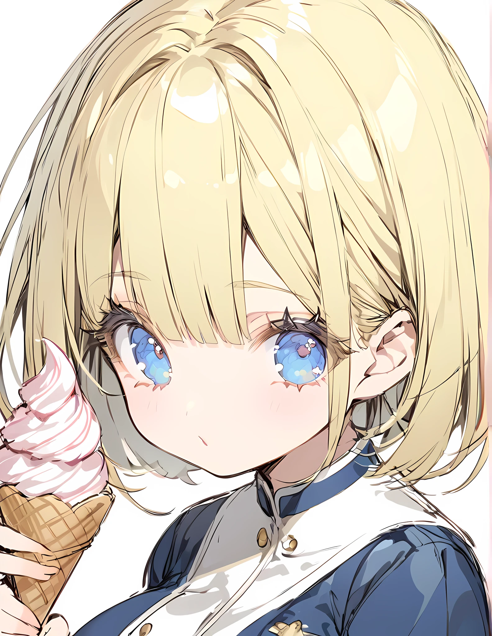 Eat pink soft serve ice cream(sketch:1.2) (Navy blue original uniform), (:1.5), (blonde:1.5)(eyelash:1.2) (Short Bob Hair:1.4), (Blue eyes)(Big Breasts:1.3)