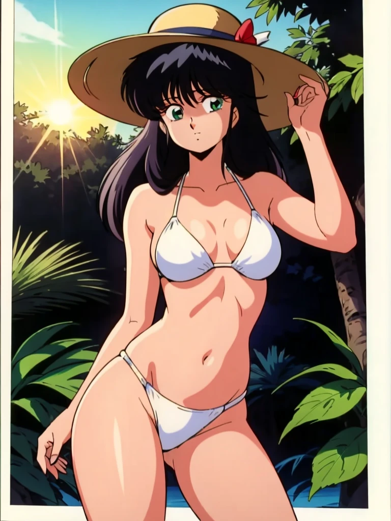 Madoka Ayukawa, 14 years old, bangs, 1girl, masterpiece, highest quality, disorganized, retro artstyle, 1980s \(style\)))), look viewer, long hair, (((sun hat))), (((white bikini))), 14 years old, bangs,