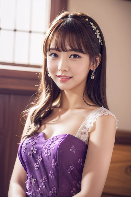 Medium display, Medium Shot, Written boundary depth, bust, Upper Body, Movie angle, masterpiece, highest quality, Very detailed, CG, 8k wallpaper, Beautiful Face, Delicate eyes, Otome, alone, smile, bangs, have,Purple Dress, bow, petal, bouquet