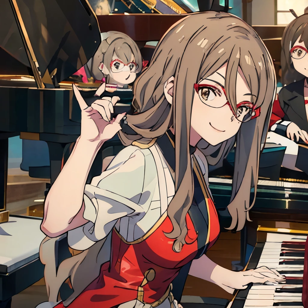 Masterpiece、Mizuki、Light brown hair、Light brown eyes、Red-rimmed glasses、Dressed、(((play piano)))、smile、Upper Body