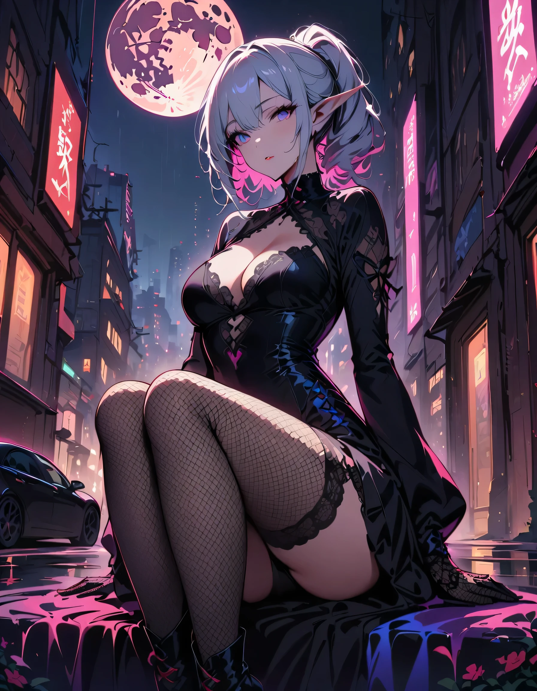 ((SFW)), (masterpiece, best quality, High resolution), night, Full Moon, 1 adult female, Solitary, Elf Girl,Woman with long silver hair, Light pink lips, fishnet tights, calm, Know-it-all, Triple hit, Lace gloves, Gray eyes, Facial details, beautiful eyes, Eyes full of details), Black tattered clothes