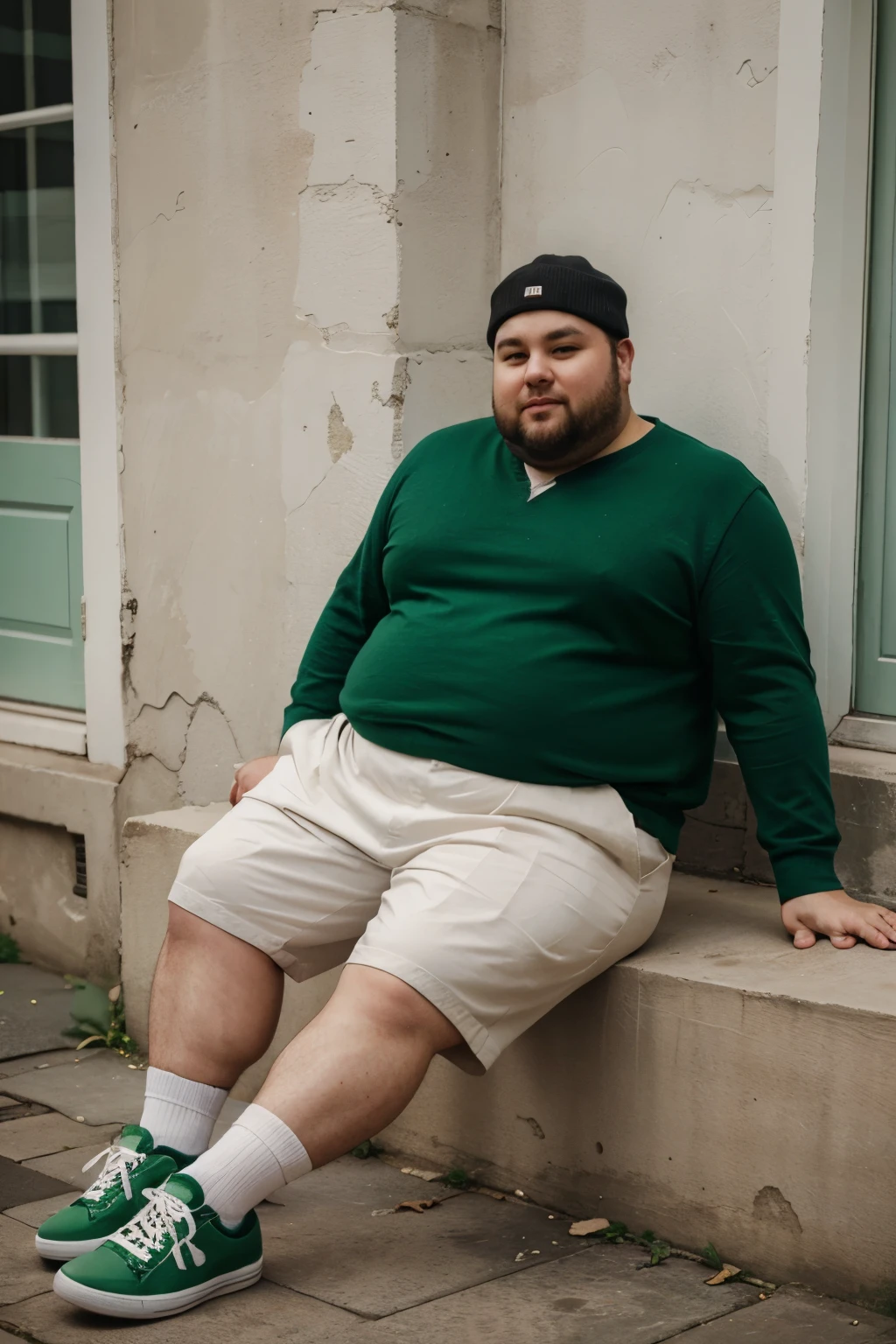 chubby man with green shoes