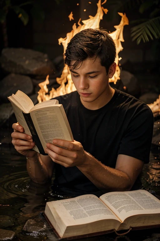 A young man reading the Bible and around him bright flames of fire combined with water.