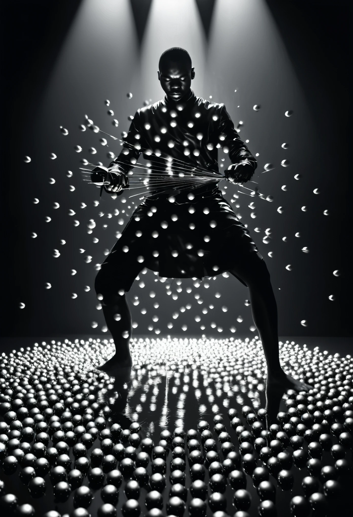 Black man swordsman standing on a reflecting surface, cutting silver spherical balls floating around him, light bouncing on the silver balls creating multiple diagonal spotlights, black and white imagery greatly inspired by Germany expressionism art, 32k, ultra HD, beautiful cinematic art work 