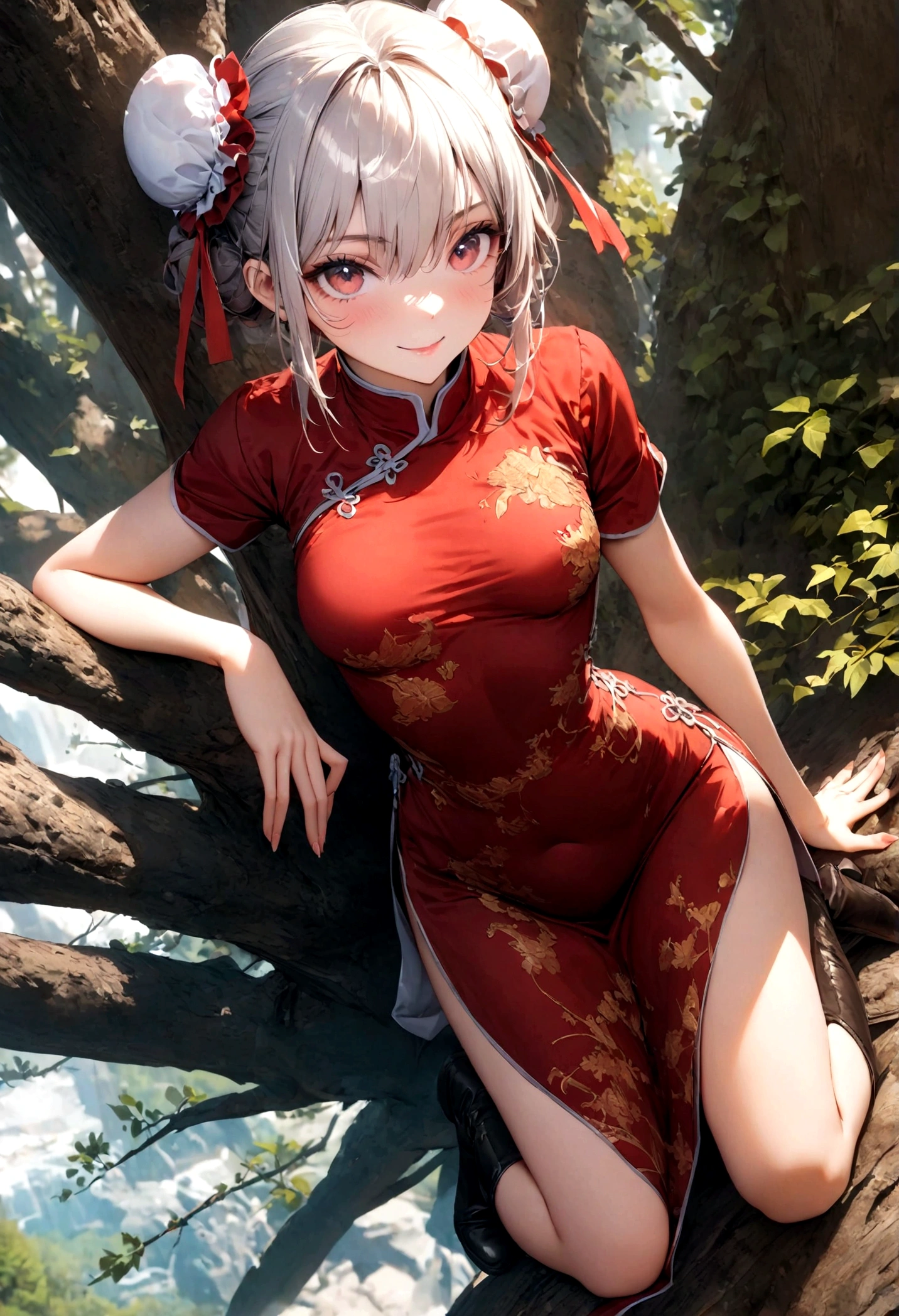 Gintama, Kagura, red dress, double bun, bun cover, china dress, chinese clothes, knee boots, short sleeves, small breasts, 
tree, (in_tree), all_fours, on branch, v,, (masterpiece:1.3), (best_quality:1.3), (ultra_detailed:1.3), 8k, extremely_clear,, 1girl, solo, wide_shot,, outdoors,, insane details, intricate details, hyperdetailed, ultra detailed, extreme detailed, highest detailed, high_detail, colorful, beautiful, hdr, photorealistic, highres, ultra_high_res, photography, aesthetic, extremely_delicate,, seductive_smile,