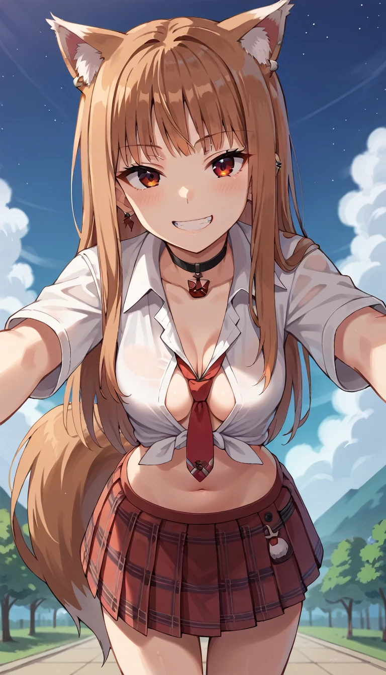 score_9, score_8_up, score_7_up, score_6_up, source anime,(pov),(masterpiece, best quality:1.3),extremely detailed,cowboy shot,1girl,(holo),spice and wolf,solo,wolf girl,wolf ears,wolf tail,light, brown hair,small breasts,center opening,cleavage,navel,nail polish,slim legs,long hair,earings,looking at viewer,grin,bent over,ear piercing,red necktie, school uniform, skirt, choker, shirt, piercing, black choker, jewelry, earrings, white shirt, plaid skirt, tied shirt, plaid, pleated skirt, collared shirt, red skirt ,outdoors, star \(sky\), night, best quality,amazing quality,very aesthetic,absurdres