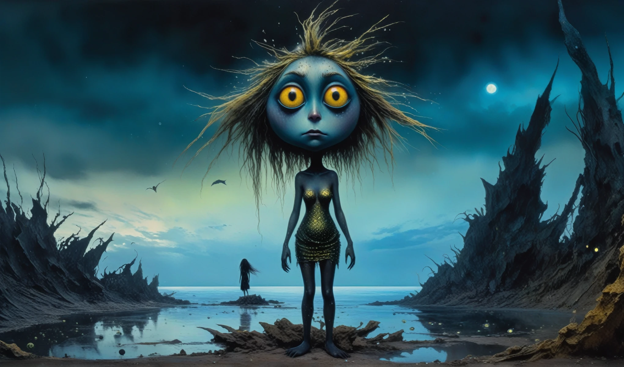 Chalcopyrite Mermaid,moana,golden black make up,longhair,goblin,freckles,pretty face,eyebrow up,full body shot,ominous landscape,glate gray atmosphere,Simon Stalenhag,Nicola Samori,Wangechi Mutu,prime colors,Lisa Frank, ,urban,extremely detailed, [night landscape],masterpiece,intricate details,faded,eyes extremely detailed, high detailed eyes,16k resolution,RAW, Nikon Z9,city on background,chinesse,pixie,sea,RAW,Retina,full body length,Obsidian Chalsedoon Nightcrawler,ominous landscape, niobium Obsidian atmosphere,dangerous atmosphere,intricate details,realistic humid skin,extremely intricate details,Epic Realistic, cinematic style,film grain,dramatic light,anatomically correct,faded,eyes extremely detailed, high detailed eyes,UHD,Retina,HDR,CinematicTechnicolor,natural skin textures, hyper realism, hyper detailed,High contrast,Realism,Ultra Detailed,irina yermolova,close full body shot, masterpiece,faded,8k resolution,RAW, Nikon Z9,MIk Kil Cenote of Yucatan of Mexico,pregnant