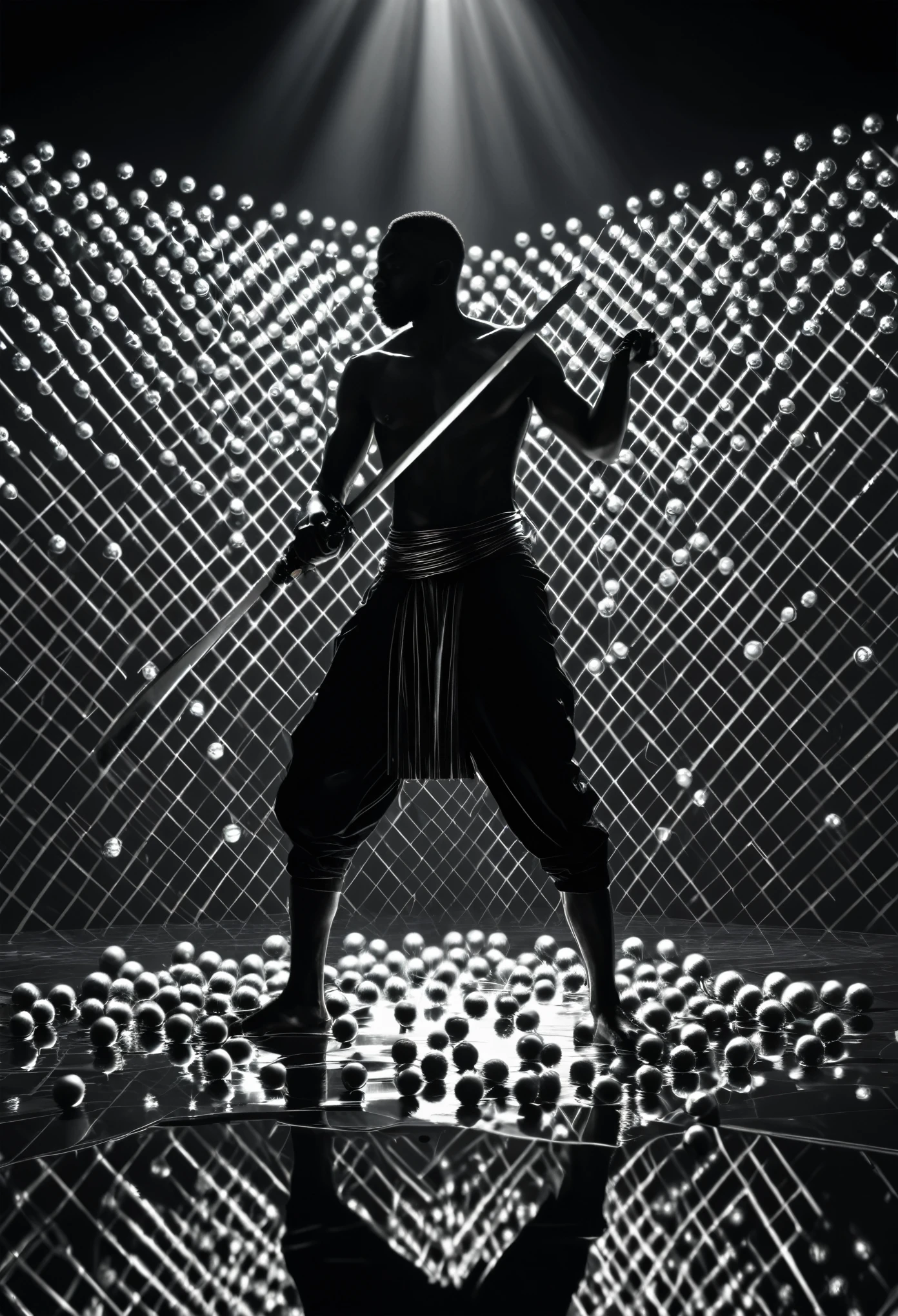 Black man swordsman standing on a reflecting surface, cutting silver spherical balls floating around him, light bouncing on the silver balls creating multiple diagonal spotlights, black and white imagery greatly inspired by Germany expressionism art, 32k, ultra HD, beautiful cinematic art work