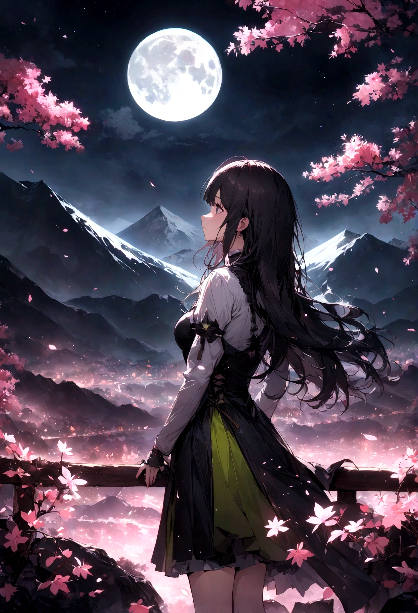 masterpiece, best quality, night, Mountain, Full Moon, Black long hair, Miss, firefly, Star, Mysterious cherry tree, Pink leaves, high quality, Beautiful graphics, High Detail