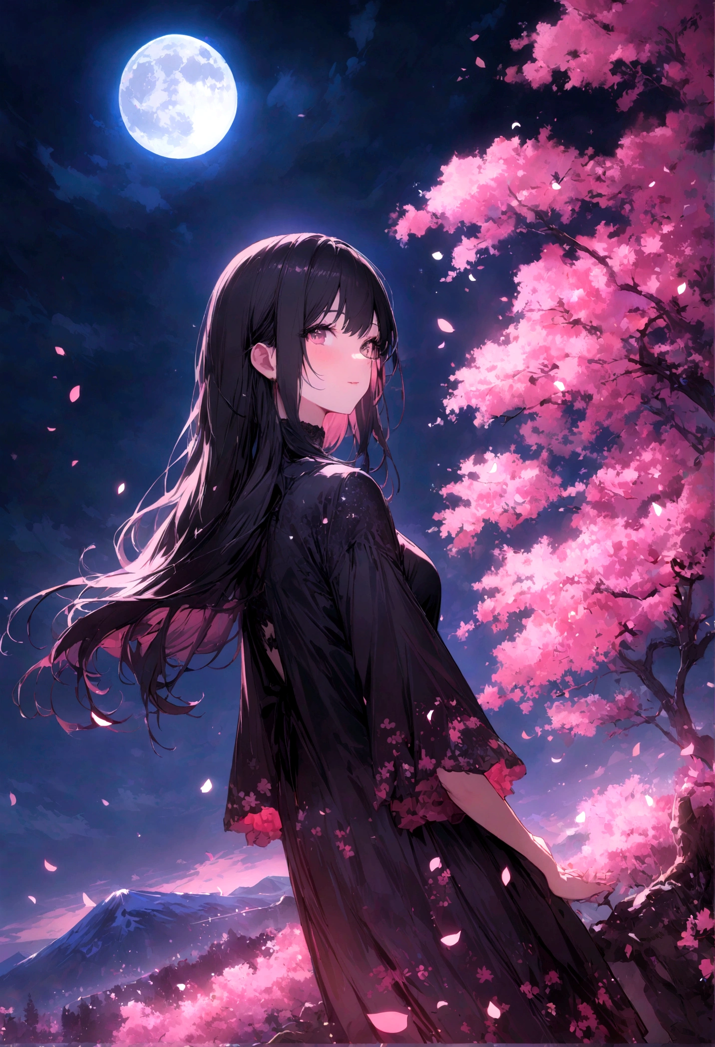 masterpiece, best quality, night, Mountain, Full Moon, Black long hair, Miss, firefly, Star, Mysterious cherry tree, Pink leaves, high quality, Beautiful graphics, High Detail
